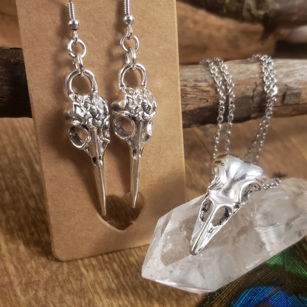 Pagan Raven Skull Necklace & Earrings Jewelry Set Horror Witchy Viking Jewelry - Picture 4 of 16